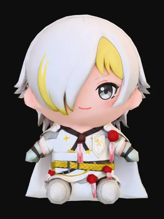 3D model for A soft chibi-style plush doll of [Kromer] from [Limbus Company], sitting upright, designed in the style of a Fumo plush. Large round head, small body, visible stitched fabric texture, cute embroidered eyes, soft felt-like clothing, accurate outfit details, simple proportions, warm natural lighting, neutral background, realistic toy photography style, tactile fabric details, highly detailed, 3D render.