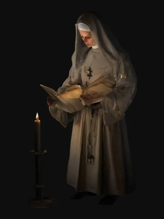3D model for In a 17th-century Lombardy convent, a cloistered nun, clad in convent garb, battles guilt and desire. Her trembling hands clutch a manuscript letter, lit by flickering candlelight. An iron key signifies her secret tryst with Egidio, hidden behind the locked grille. Haunted by silent screams, her pale face reflects her oppressed posture and conflicting vows.
Perpetua-whispering-clutching-apron-sharp-eyes-leaning-rumorous-smirk-animated-hands-eavesdropping-busybody-gossip-gesture
