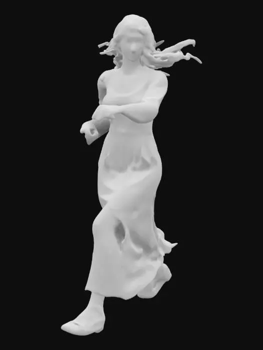 3D model for The text describes a full-body 3D model of Angelica, a captivating young girl with fiery red hair from *Orlando Furioso*, set in the 16th century. She is depicted mid-run, her slender body leaning forward dynamically, with one leg extended in a stride and the other bent for propulsion. Her long hair flows behind her, partially braided with silk ribbons.

Angelica wears an emerald silk Renaissance gown with a split skirt, gold embroidery, intricate floral patterns on the bodice, and slashed sleev
