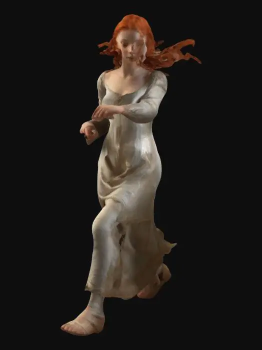 3D model for The text describes a full-body 3D model of Angelica, a captivating young girl with fiery red hair from *Orlando Furioso*, set in the 16th century. She is depicted mid-run, her slender body leaning forward dynamically, with one leg extended in a stride and the other bent for propulsion. Her long hair flows behind her, partially braided with silk ribbons.

Angelica wears an emerald silk Renaissance gown with a split skirt, gold embroidery, intricate floral patterns on the bodice, and slashed sleev