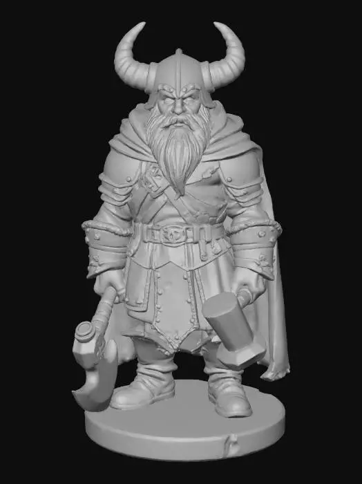 3D model for Create a DND model of a short male dwarf barbarian holding a short handled battleaxe in the right hand and a short handled warhammer in the left hand. Please include a base for the model so that it stands