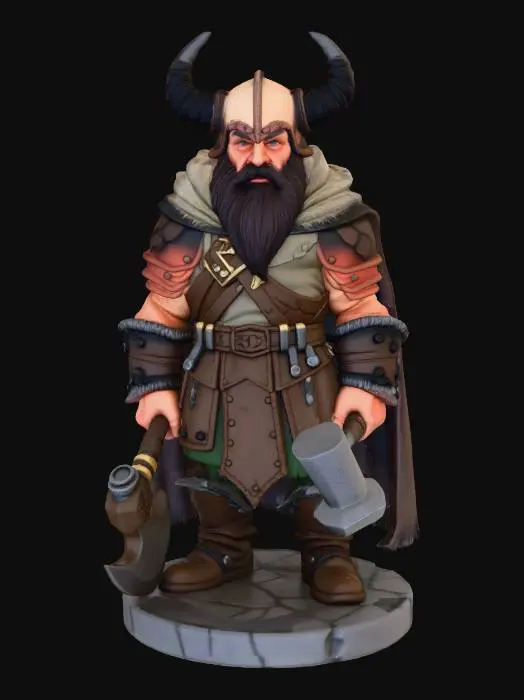 3D model for Create a DND model of a short male dwarf barbarian holding a short handled battleaxe in the right hand and a short handled warhammer in the left hand. Please include a base for the model so that it stands
