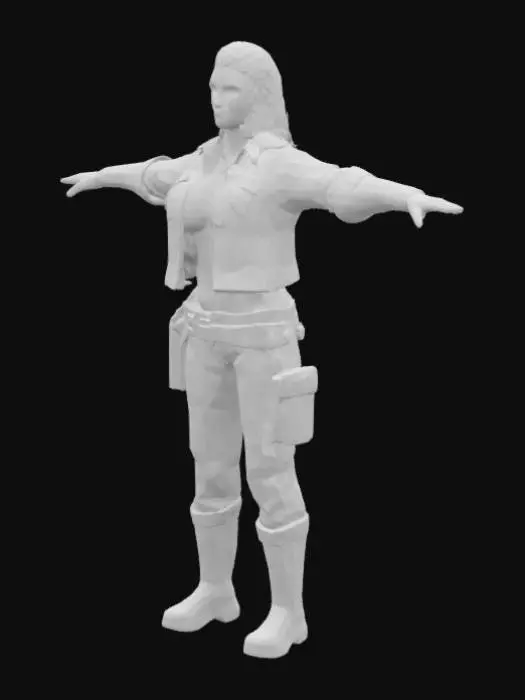 3D model for A game-ready survivalist woman stands in a neutral T-pose, ready for animation. Her physique is lean and capable, clad in rugged, utilitarian clothing like a durable jacket, cargo pants, and sturdy boots, designed for harsh environments. The model leverages PBR textures for realistic material properties, showcasing worn fabrics, weathered leather, and metallic elements with high fidelity. HDR lighting enhances the depth and realism of her determined expression and the practical details of her gear, optimized for immersive gameplay.