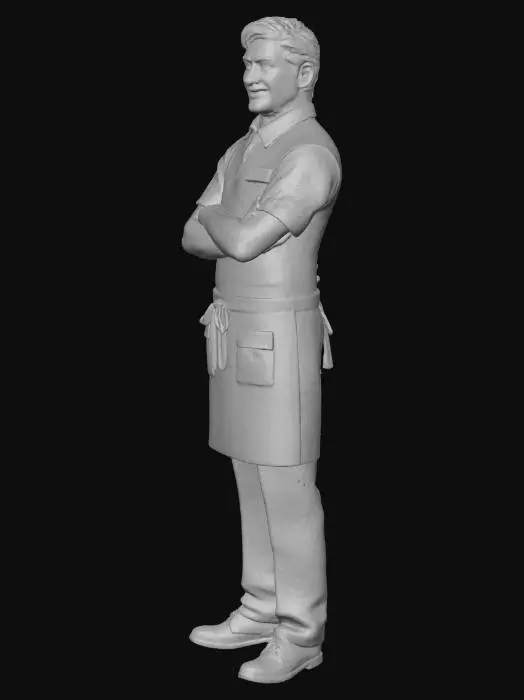 3D model for full-body portrait of a Waffle House employee wearing the classic black apron and yellow shirt uniform, name tag visible, friendly smile, realistic lighting, cinematic composition, natural color tones, professional stance, full-length shot, 4k detailed realism