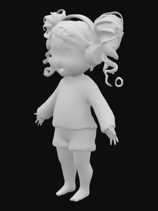 3D model for stylized 2x  screeming girl in pjamas, pjamas are tiny flowered with buttons,screaming facial expresion, headphones, tight curly pigtails hair, barefoot