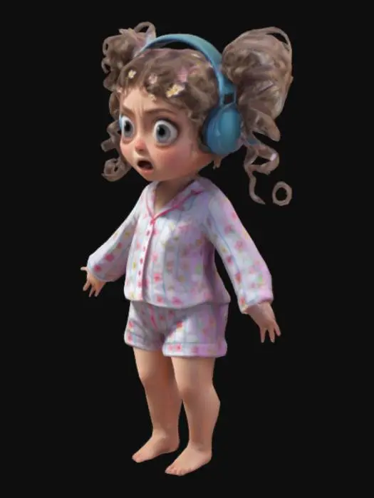 3D model for stylized 2x  screeming girl in pjamas, pjamas are tiny flowered with buttons,screaming facial expresion, headphones, tight curly pigtails hair, barefoot