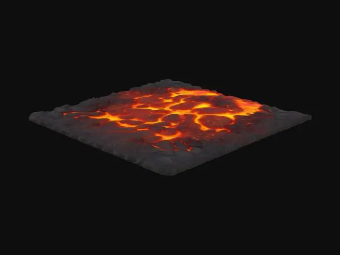 3D model for superficie di lava. la struttura dovrebbe essere riflettente. con un livello di riflessione alto per simulare la lucentezza della lava. aggiungi bolle di gas che si dissolvono sulla superficie della lava. crea onde sulle superficie della lava per simulare il moviemento della lava. la lava dovrebbe emettere una luce calda e intensa. aggiungi un effetto di fumo o vapore che si alza dalla superficie della lava