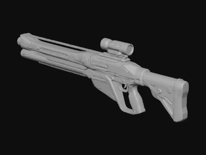 3D model for A sleek, futuristic two-handed plasma rifle, long and slender yet visibly lightweight. Its main body is made of metal that shifts in a smooth gradient from deep, matte black near the stock to an overheated, glowing reddish tone close to the muzzle. Thin energy channels run along the length of the weapon, filled with softly glowing blue plasma, forming clean, circuit-like lines that pulse with light. A compact scope sits on top of the rifle, integrated into the upper frame rather than protruding awkwardly. The blue glow of the energy lines subtly reflects on the dark metal surfaces, creating a strong contrast with the warm red near the barrel. The overall design feels precise and high-tech, built for an elite sci-fi soldier: elegant, lethal, and refined rather than bulky.