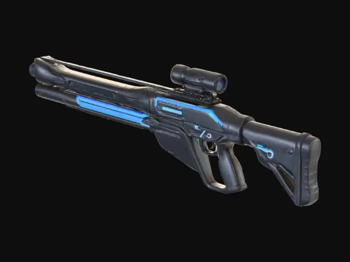3D model for A sleek, futuristic two-handed plasma rifle, long and slender yet visibly lightweight. Its main body is made of metal that shifts in a smooth gradient from deep, matte black near the stock to an overheated, glowing reddish tone close to the muzzle. Thin energy channels run along the length of the weapon, filled with softly glowing blue plasma, forming clean, circuit-like lines that pulse with light. A compact scope sits on top of the rifle, integrated into the upper frame rather than protruding awkwardly. The blue glow of the energy lines subtly reflects on the dark metal surfaces, creating a strong contrast with the warm red near the barrel. The overall design feels precise and high-tech, built for an elite sci-fi soldier: elegant, lethal, and refined rather than bulky.