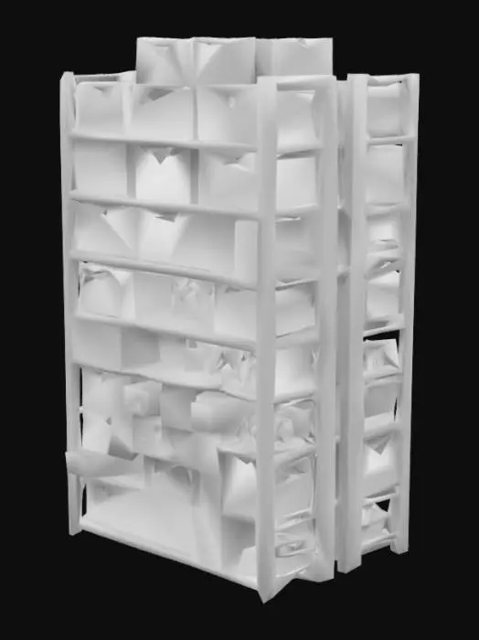 3D model for generate 3d tall wooden shelf unit stocked with 1940's era crates and supplies