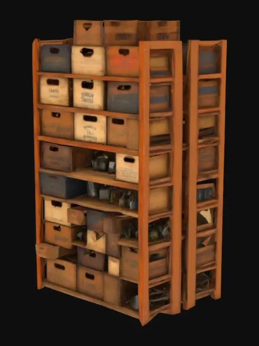 3D model for generate 3d tall wooden shelf unit stocked with 1940's era crates and supplies