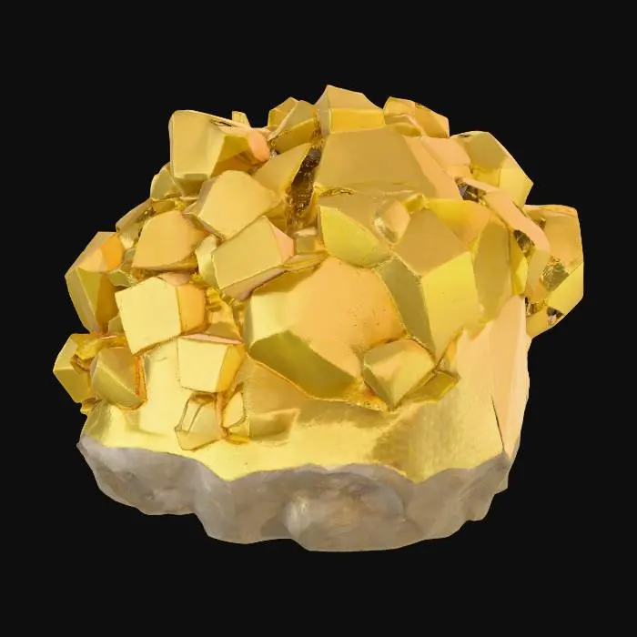 3D model for Pyrite Low poly stylized mineral rock resembling fools gold pyrite Metallic golden yellow surface with a slightly rough angular geometry Reflective facets but matte finish giving a fake gold look Small cubic and hexagonal crystal clusters randomly arranged on a rocky base Minimalistic shading cartoonish style optimized for Roblox warm golden hues with slight brownish tones