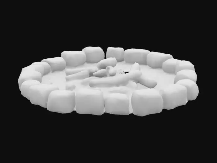 3D model for A circle of scorched stones surrounds ash and charred wood. The ground is blackened, warm memories clinging to the soot. Footprints and scattered items hint at stories once shared, meals cooked, and laughter echoing under the stars. Though cold and quiet now, it speaks of nights spent gathered close, where heat once danced and shadows flickered on smiling faces. , 