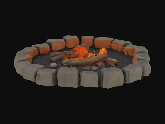 3D model for A circle of scorched stones surrounds ash and charred wood. The ground is blackened, warm memories clinging to the soot. Footprints and scattered items hint at stories once shared, meals cooked, and laughter echoing under the stars. Though cold and quiet now, it speaks of nights spent gathered close, where heat once danced and shadows flickered on smiling faces. , 