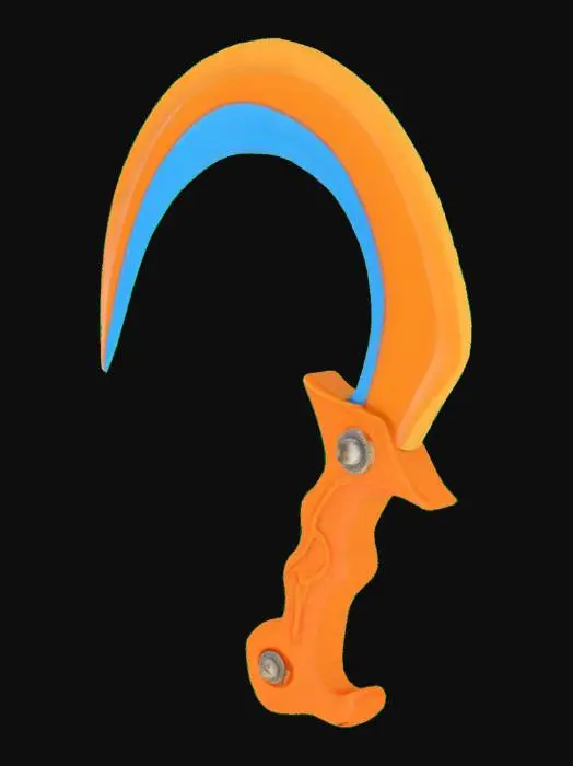 3D model for a rubber sword with a boomerang as a blade, blade color is blue and handle is orange
