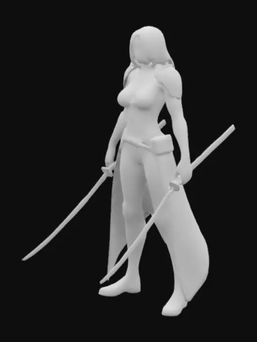 3D model for Create a realistic 3D model of a female warrior wearing minimal, sleek body armor with a black and red color scheme. The armor should be stylish, modern, and form-fitting, with the armor plates strategically covering key areas of the body. She should be holding a katana with a black and red blade, with an intricate design. The overall appearance should exude a sense of strength, agility, and mystery, with a detailed, lifelike texture to the armor and weapon.