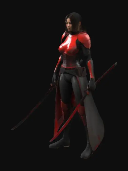 3D model for Create a realistic 3D model of a female warrior wearing minimal, sleek body armor with a black and red color scheme. The armor should be stylish, modern, and form-fitting, with the armor plates strategically covering key areas of the body. She should be holding a katana with a black and red blade, with an intricate design. The overall appearance should exude a sense of strength, agility, and mystery, with a detailed, lifelike texture to the armor and weapon.