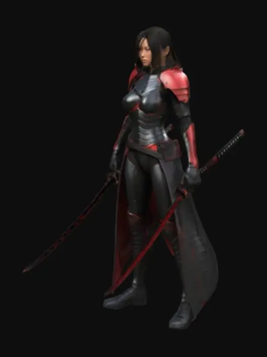 3D model for Create a realistic 3D model of a female warrior wearing minimal, sleek body armor with a black and red color scheme. The armor should be stylish, modern, and form-fitting, with the armor plates strategically covering key areas of the body. She should be holding a katana with a black and red blade, with an intricate design. The overall appearance should exude a sense of strength, agility, and mystery, with a detailed, lifelike texture to the armor and weapon.