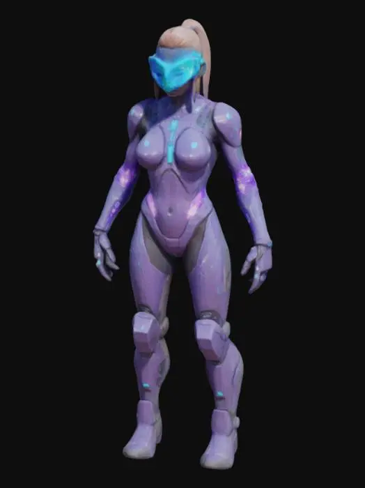 3D model for Full-body portrait of a cosmic battleship commander girl in form-fitting nano-armor (blue-purple gradient), with glowing cybernetic spine conduits and holographic visor displaying data streams. She stands on wreckage, right arm charging a plasma cannon (200% energy overload effect), left hand pointing toward a supernova explosion.