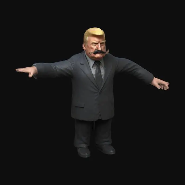 3D model for Generate a highly realistic humanoid figure depicting the US president Donald J Trump as a powerful dictator with all the relevant traits, such as the “Hitler” moustache. There should be focus on the detailing of the model to ensure it looks realistically human. The model should be in T Pose.