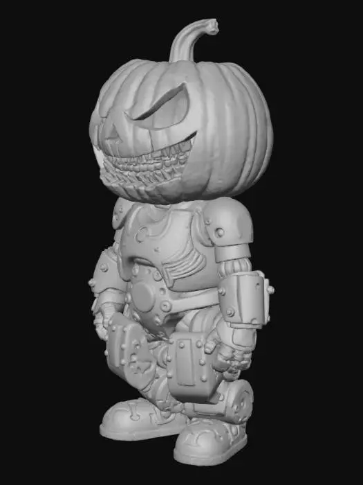 3D model for generate a mean looking pumpkin with a big giant grin on his face, must be frowning, have steel plates on his face and also be a mech robot.