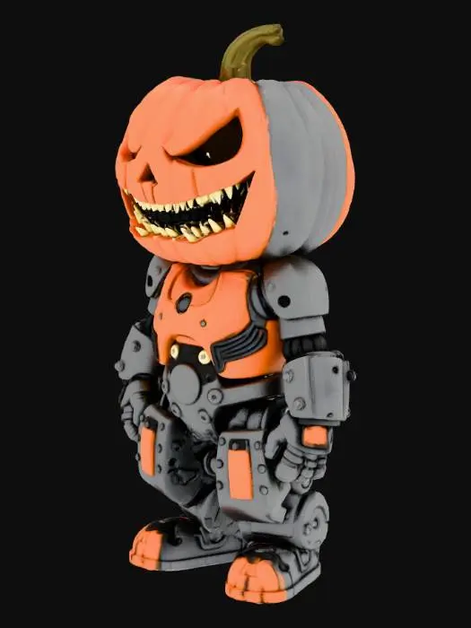 3D model for generate a mean looking pumpkin with a big giant grin on his face, must be frowning, have steel plates on his face and also be a mech robot.