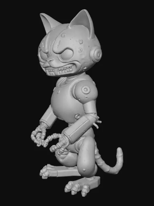 3D model for generate a mean looking zombie cat, must be frowning, have steel plates on his face and also be a mech robot.