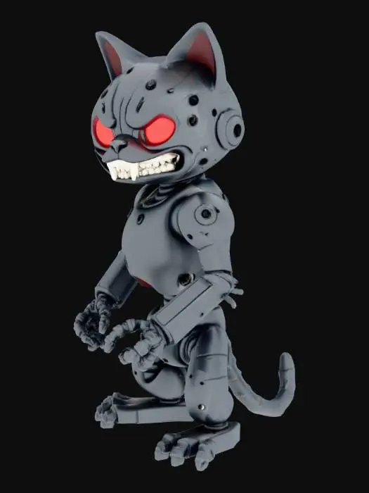3D model for generate a mean looking zombie cat, must be frowning, have steel plates on his face and also be a mech robot.