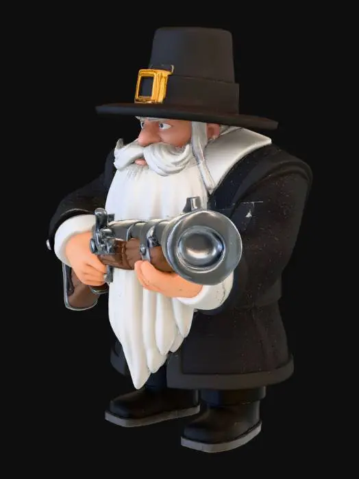 3D model for A pilgrim with a large beard and musket, rendered in the style of Clash of Clans, Suggestion: For better 3D results, ensure the pilgrim's weapon have clear, defined shapes, #Thanksgiving#