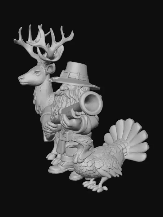 3D model for A pilgrim with a large beard and musket, accompanied by a turkey and a deer, all rendered in the style of Clash of Clans, Suggestion: For better 3D results, ensure the pilgrim's weapon and the deer's antlers have clear, defined shapes, #Thanksgiving#