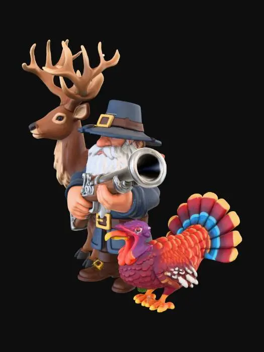 3D model for A pilgrim with a large beard and musket, accompanied by a turkey and a deer, all rendered in the style of Clash of Clans, Suggestion: For better 3D results, ensure the pilgrim's weapon and the deer's antlers have clear, defined shapes, #Thanksgiving#