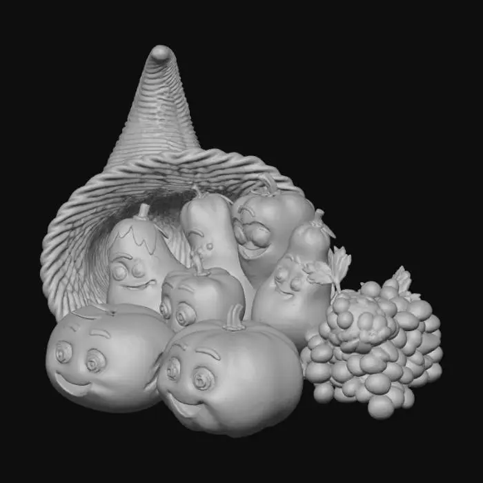 3D model for A Disney-style cornucopia, crafted from polished, golden-brown woven wicker, overflows with vibrant, glossy vegetable characters. Each vegetable, like a blushing tomato or a jolly pumpkin, features large, expressive cartoon eyes and a whimsical smile. Their smooth, slightly rounded forms suggest a soft, plush texture. The horn's rich interior complements the lively arrangement, creating a charming, colorful sculpture.