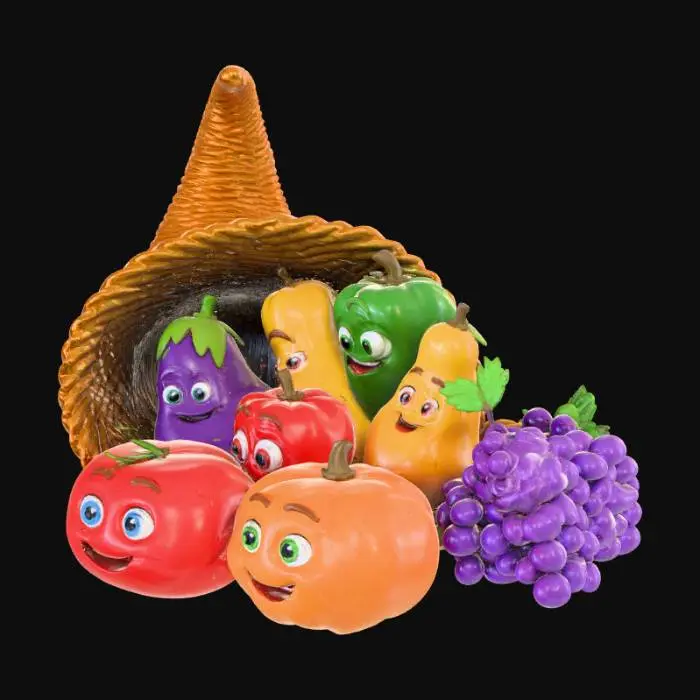 3D model for A Disney-style cornucopia, crafted from polished, golden-brown woven wicker, overflows with vibrant, glossy vegetable characters. Each vegetable, like a blushing tomato or a jolly pumpkin, features large, expressive cartoon eyes and a whimsical smile. Their smooth, slightly rounded forms suggest a soft, plush texture. The horn's rich interior complements the lively arrangement, creating a charming, colorful sculpture.