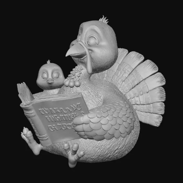 3D model for A heartwarming Disney-style scene features a plump, anthropomorphic turkey with soft, fluffy brown feathers and a kind expression, seated and holding an open, colorful cookbook. Its head is tilted slightly towards a smaller, adorable baby turkey beside it, which has large, curious eyes and a downy texture. The adult's wattle and snood are smooth and vibrant red and blue, while the baby's are tiny. The cookbook has a glossy cover., #Thanksgiving#