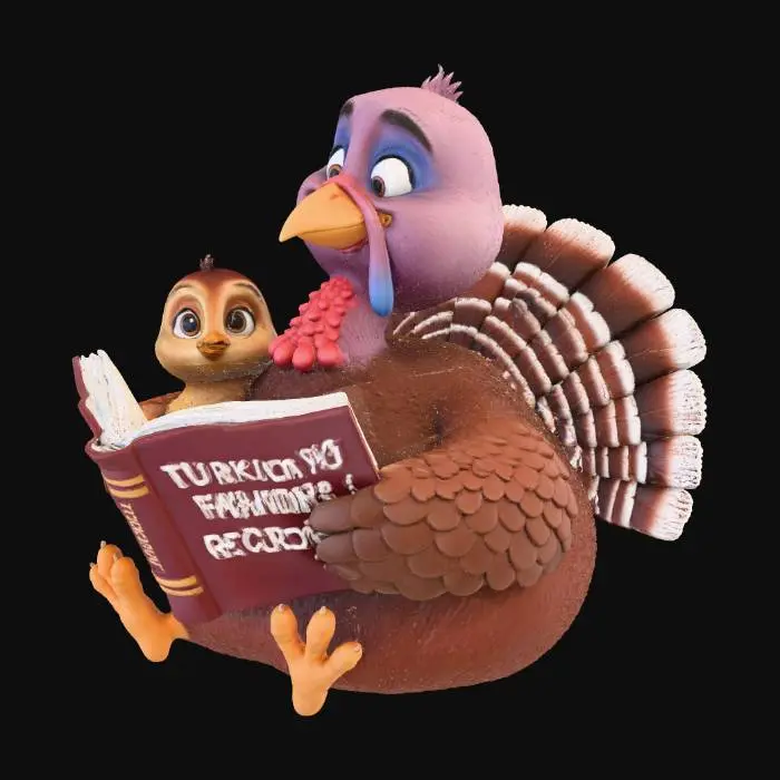 3D model for A heartwarming Disney-style scene features a plump, anthropomorphic turkey with soft, fluffy brown feathers and a kind expression, seated and holding an open, colorful cookbook. Its head is tilted slightly towards a smaller, adorable baby turkey beside it, which has large, curious eyes and a downy texture. The adult's wattle and snood are smooth and vibrant red and blue, while the baby's are tiny. The cookbook has a glossy cover., #Thanksgiving#