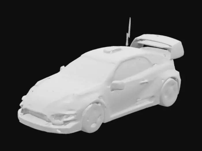 3D model for 3D model, modern rally car, based on Toyota GR Yaris body shape, widebody fenders, aggressive front bumper with large air intakes, prominent rear diffuser, large rear wing (adjustable angle), roof scoop, white, red, and black Gazoo Racing livery, sponsor decals (realistic placement), roll cage visible through windows (if possible), detailed wheels with rally tires, slightly raised suspension