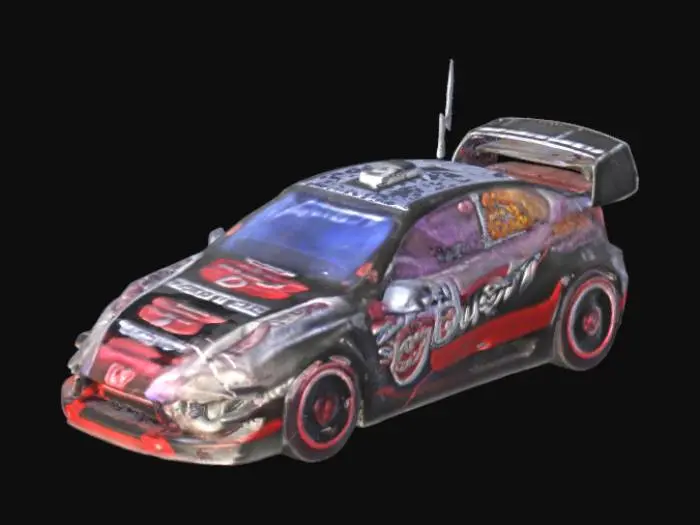 3D model for 3D model, modern rally car, based on Toyota GR Yaris body shape, widebody fenders, aggressive front bumper with large air intakes, prominent rear diffuser, large rear wing (adjustable angle), roof scoop, white, red, and black Gazoo Racing livery, sponsor decals (realistic placement), roll cage visible through windows (if possible), detailed wheels with rally tires, slightly raised suspension