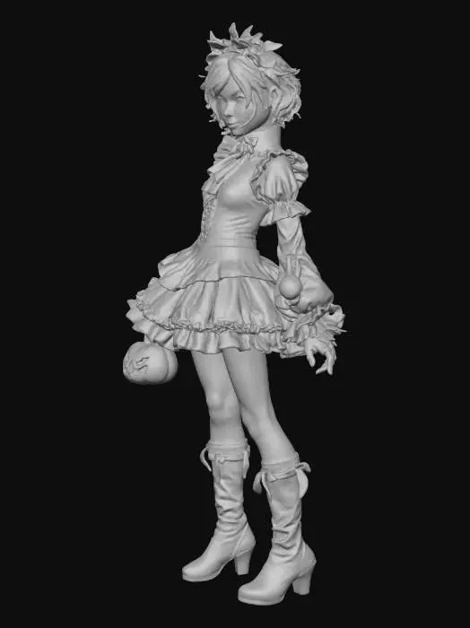 3D model for The image shows a person dressed in a Halloween costume, featuring a green wig, a pumpkin-shaped handbag, and black boots. The costume includes an orange and green frilly dress with ruffles and black gloves.