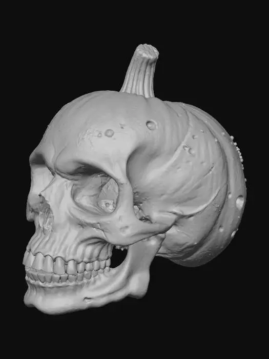 3D model for The image shows a creatively carved pumpkin resembling a human skull. The pumpkin's surface is detailed with holes and textures to mimic the features of a skull, including the eye sockets, nose, and teeth. The pumpkin has a green stem at the top.
