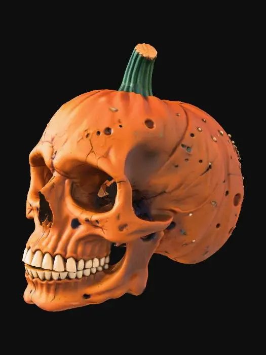 3D model for The image shows a creatively carved pumpkin resembling a human skull. The pumpkin's surface is detailed with holes and textures to mimic the features of a skull, including the eye sockets, nose, and teeth. The pumpkin has a green stem at the top.