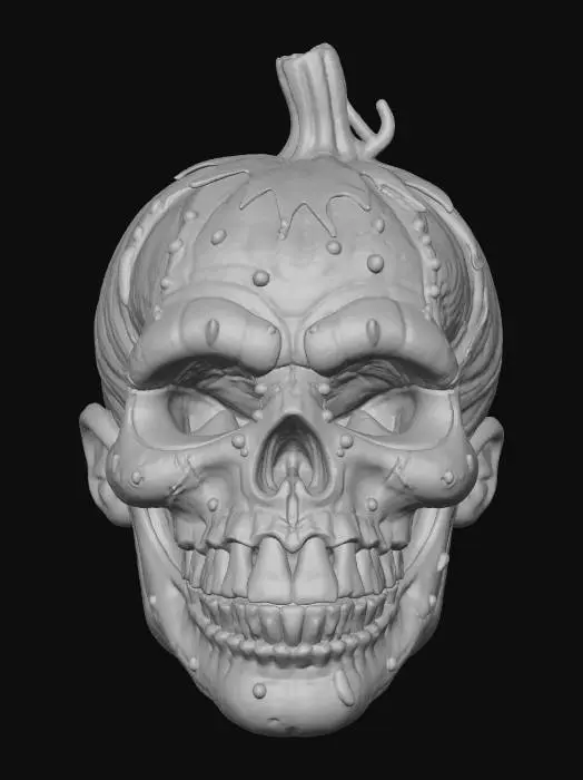 3D model for A hyper detailed pumpkin-Cucurbita skull for Halloween with a smile like the Joker with numerous warts and vampire teeth made from pumpkin seeds, the front part is made up like a sad clown., #Halloween2025#