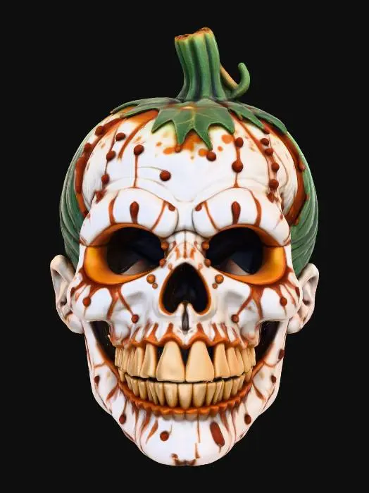 3D model for A hyper detailed pumpkin-Cucurbita skull for Halloween with a smile like the Joker with numerous warts and vampire teeth made from pumpkin seeds, the front part is made up like a sad clown., #Halloween2025#