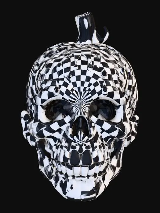 3D model for A hyper detailed pumpkin-Cucurbita skull for Halloween with a smile like the Joker with numerous warts and vampire teeth made from pumpkin seeds, the front part is made up like a sad clown., #Halloween2025#