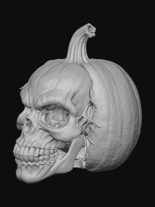 3D model for A hyper detailed pumpkin-Cucurbita skull for Halloween with a smile like the Joker with numerous warts and vampire teeth made from pumpkin seeds, the front part is made up like a sad clown