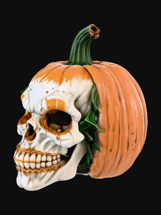 3D model for A hyper detailed pumpkin-Cucurbita skull for Halloween with a smile like the Joker with numerous warts and vampire teeth made from pumpkin seeds, the front part is made up like a sad clown