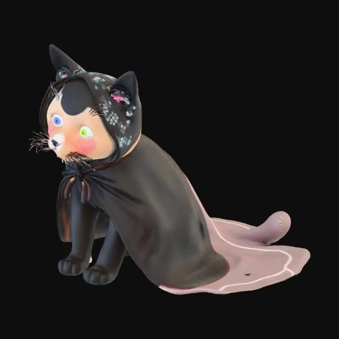 3D model for Halloween scene inspired by Antoni Gaudí, depicting a fusion between the Scream villain and a cute kitten. The figure wears the iconic white mask reimagined with colorful trencadís mosaics and undulating Catalan modernist forms. His black cloak transforms into organic textures reminiscent of Casa Batlló’s facade, with glass and ceramic reflections. In his arms, he gently holds an adorable cat with large glowing eyes and fur patterned in warm amber and turquoise geometric motifs. The background features Gaudí-inspired architecture — flowing curves, stained glass, twisted columns — under autumnal orange and violet sunset lighting. The mood blends mystery, tenderness, and surrealism in a highly detailed digital art style with soft light and modernist fantasy tones of copper, violet,   green..