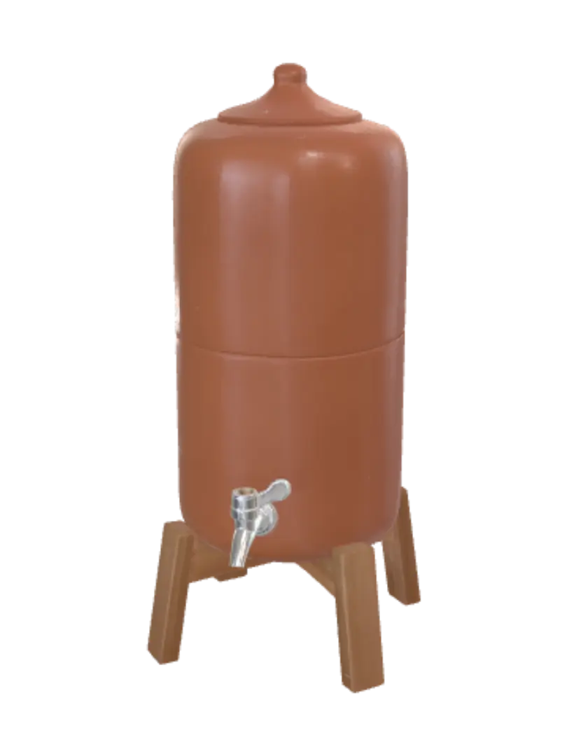 Orange beverage urn on a wooden stand 3D model, vytvořený pomocí AI