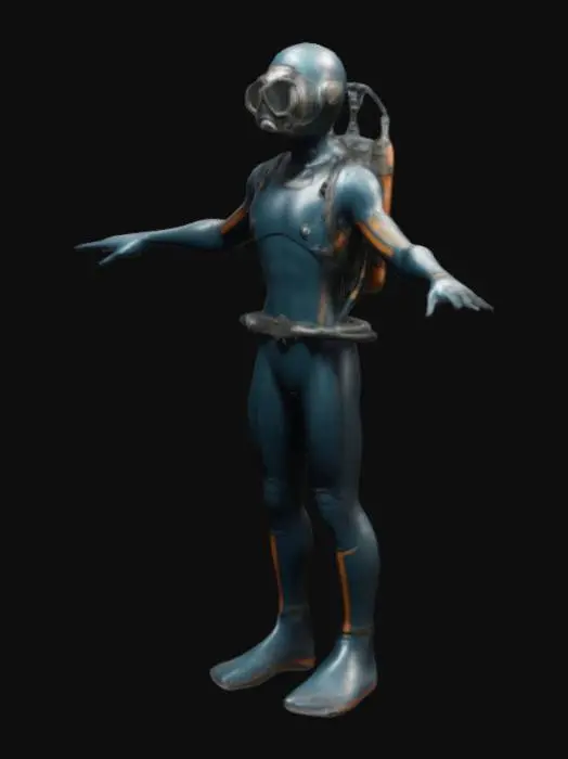 3D model for Haz un personaje con un traje de buzo submarino, en t-pose, con pocos detalles, que sea simetrico