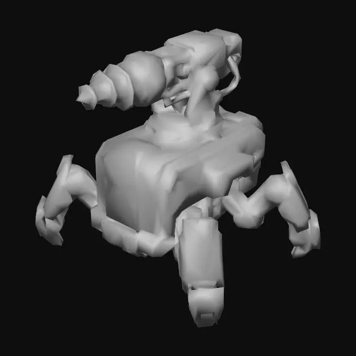 3D model for RTS unit concept art, industrial spider bot, low-profile rectangular chassis, sturdy metal box body, [top-mounted modular weapon hardpoint]::1.5, equipped with a heavy hydraulic drill turret on top, 4 short mechanical legs attached directly to the hull, non-humanoid design, utilitarian machine, mass-produced minion, rusty steel texture, isometric view, blizzard art style, white background --no arms, shoulders, hands, head, humanoid