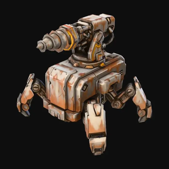 3D model for RTS unit concept art, industrial spider bot, low-profile rectangular chassis, sturdy metal box body, [top-mounted modular weapon hardpoint]::1.5, equipped with a heavy hydraulic drill turret on top, 4 short mechanical legs attached directly to the hull, non-humanoid design, utilitarian machine, mass-produced minion, rusty steel texture, isometric view, blizzard art style, white background --no arms, shoulders, hands, head, humanoid